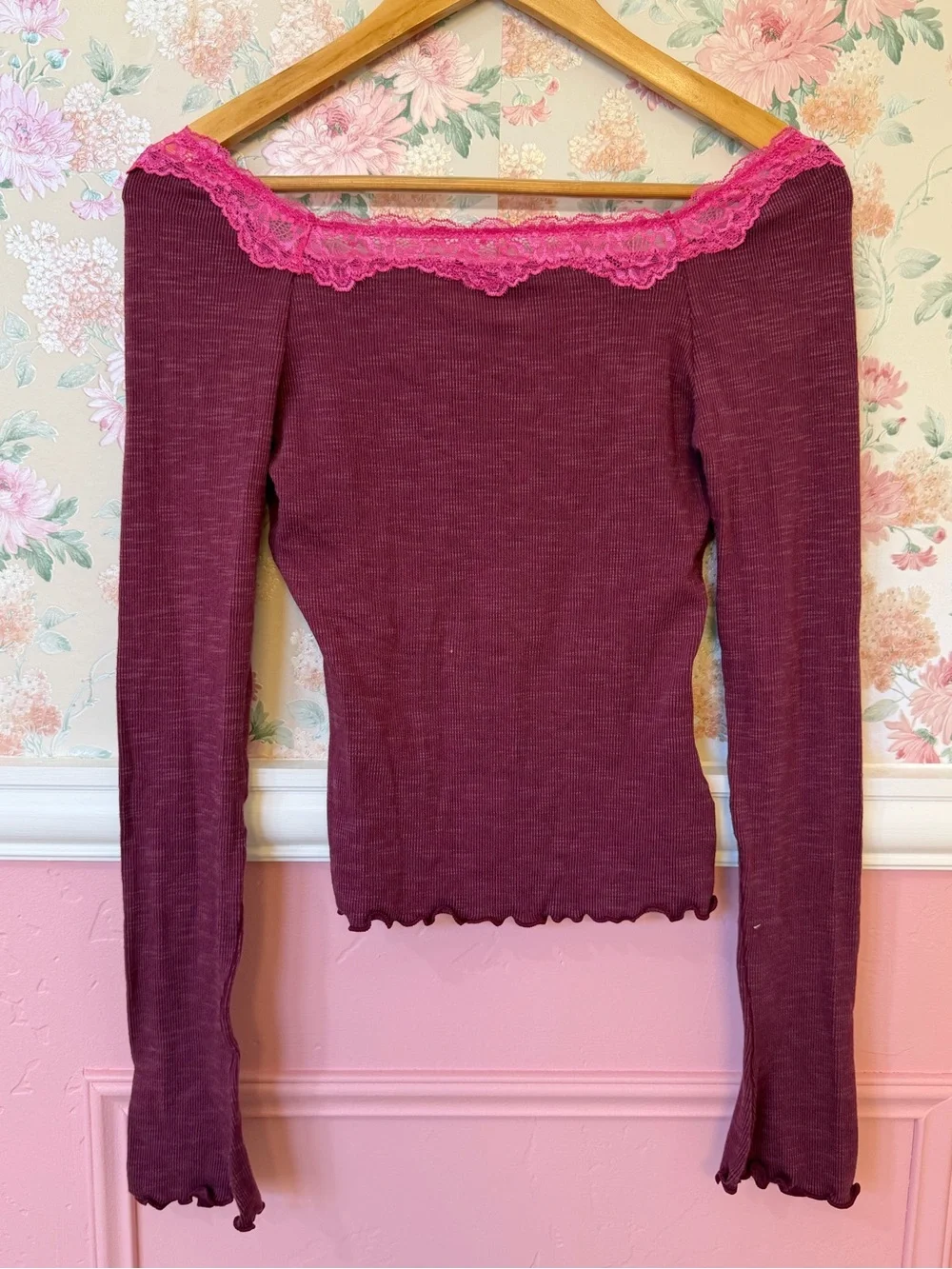 Free People Ribbed Long Sleeve Top with Hot Pink Lace Trim